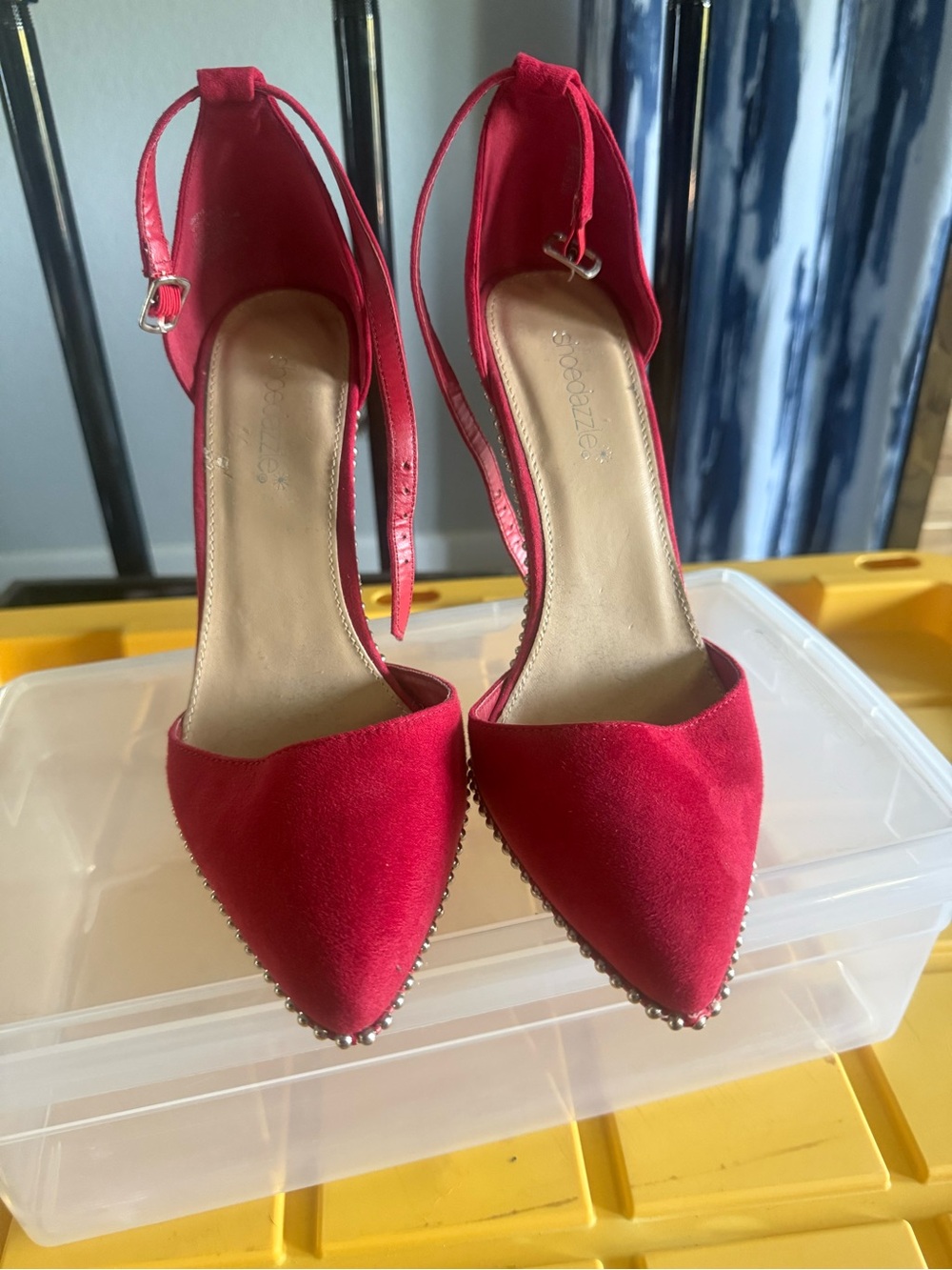 Shoe Dazzle Red Pointed Toe Ankle Strap Heels with Stud Trim